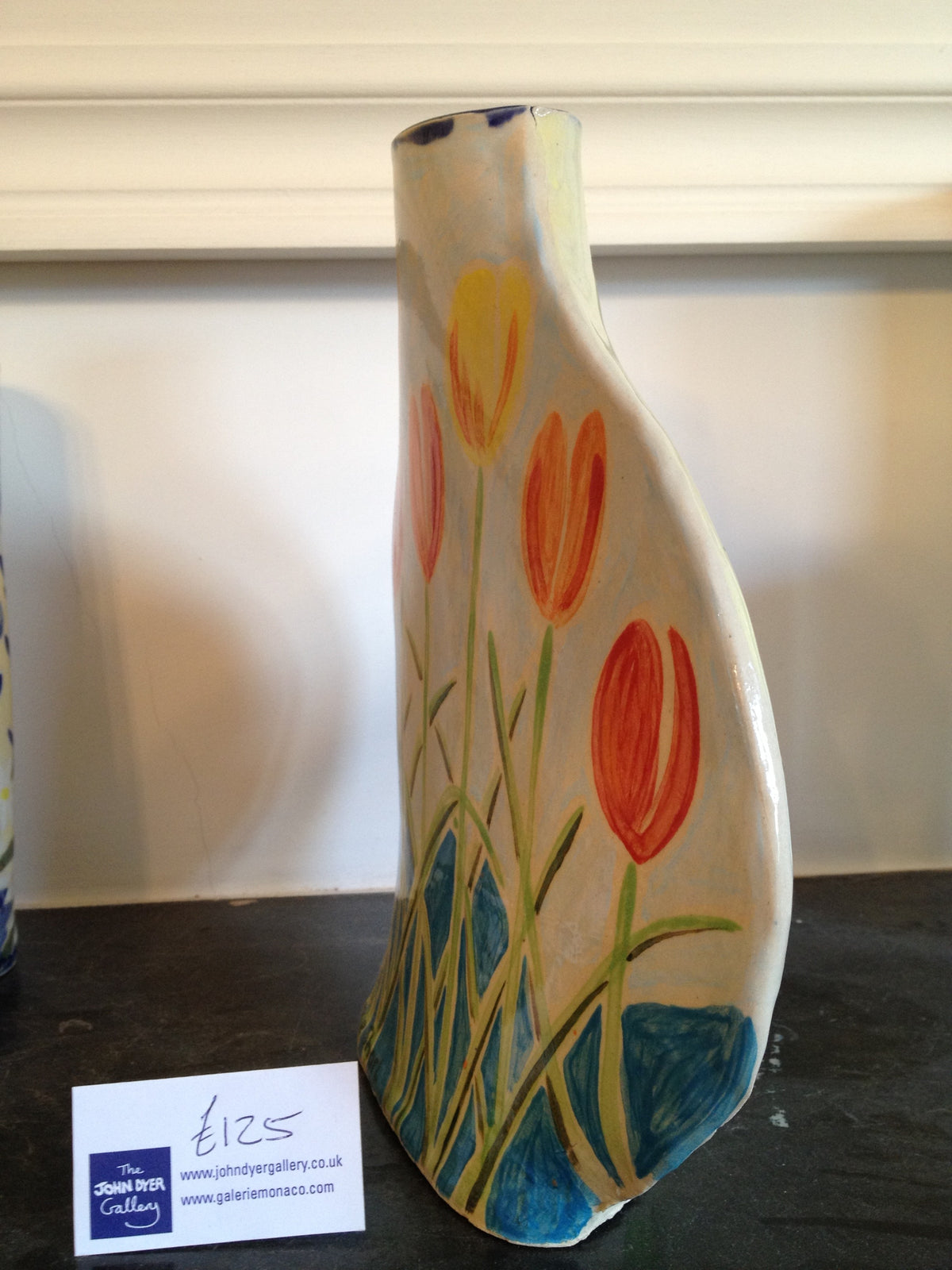 Joanne Short Ceramic Vase. Double Sided. Tulips and Blue Iris