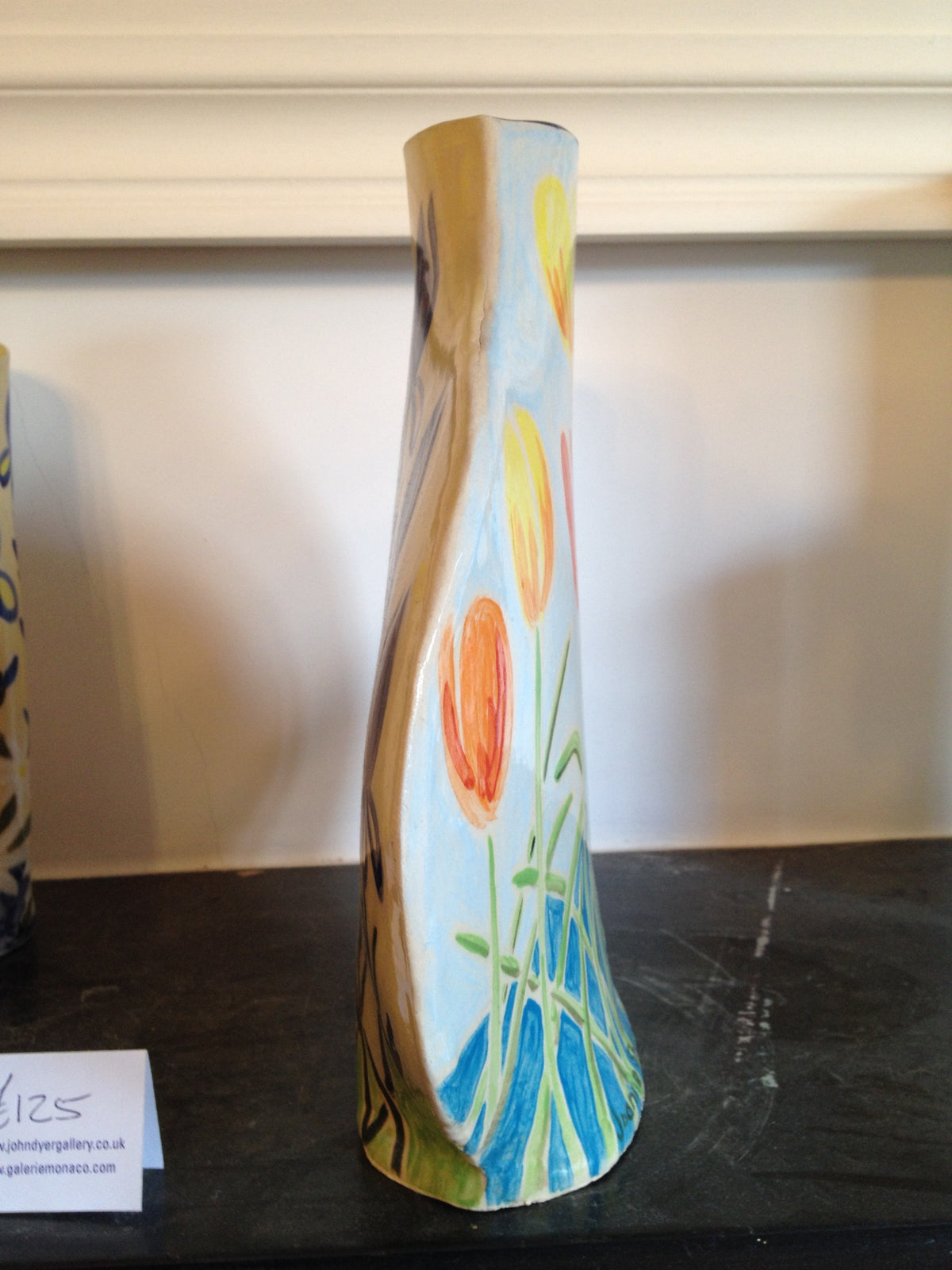 Joanne Short Ceramic Vase. Double Sided. Tulips and Blue Iris