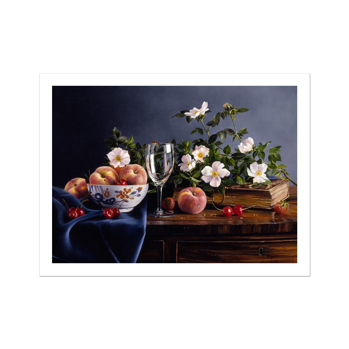 Ted Dyer Fine Art Print. Open Edition Cornish Art Print. 'Peaches and Dog Roses Still Life'. Cornwall Art Gallery