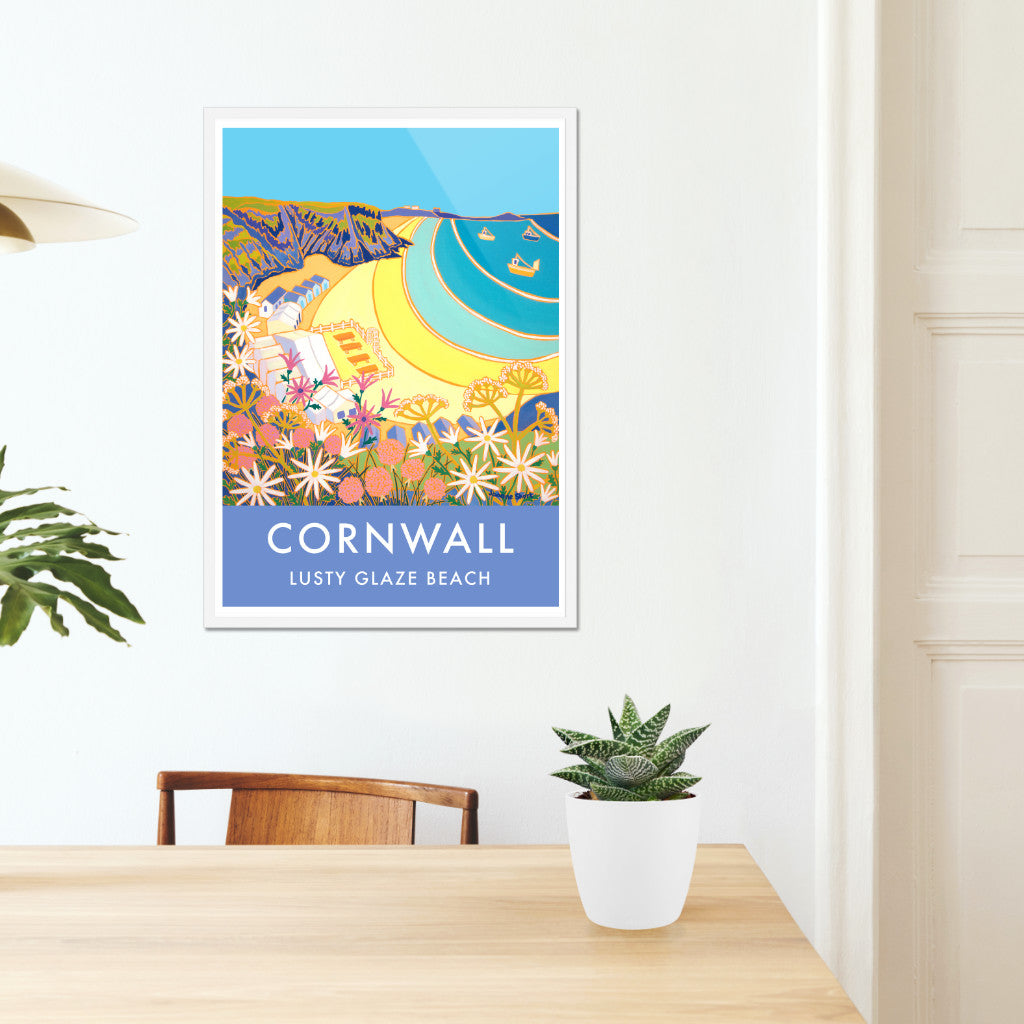 Lusty Glaze Beach, Newquay, Art Print by Cornish Artist Joanne Short. Cornwall Art Gallery, Vintage Style Poster Prints of Cornwall.