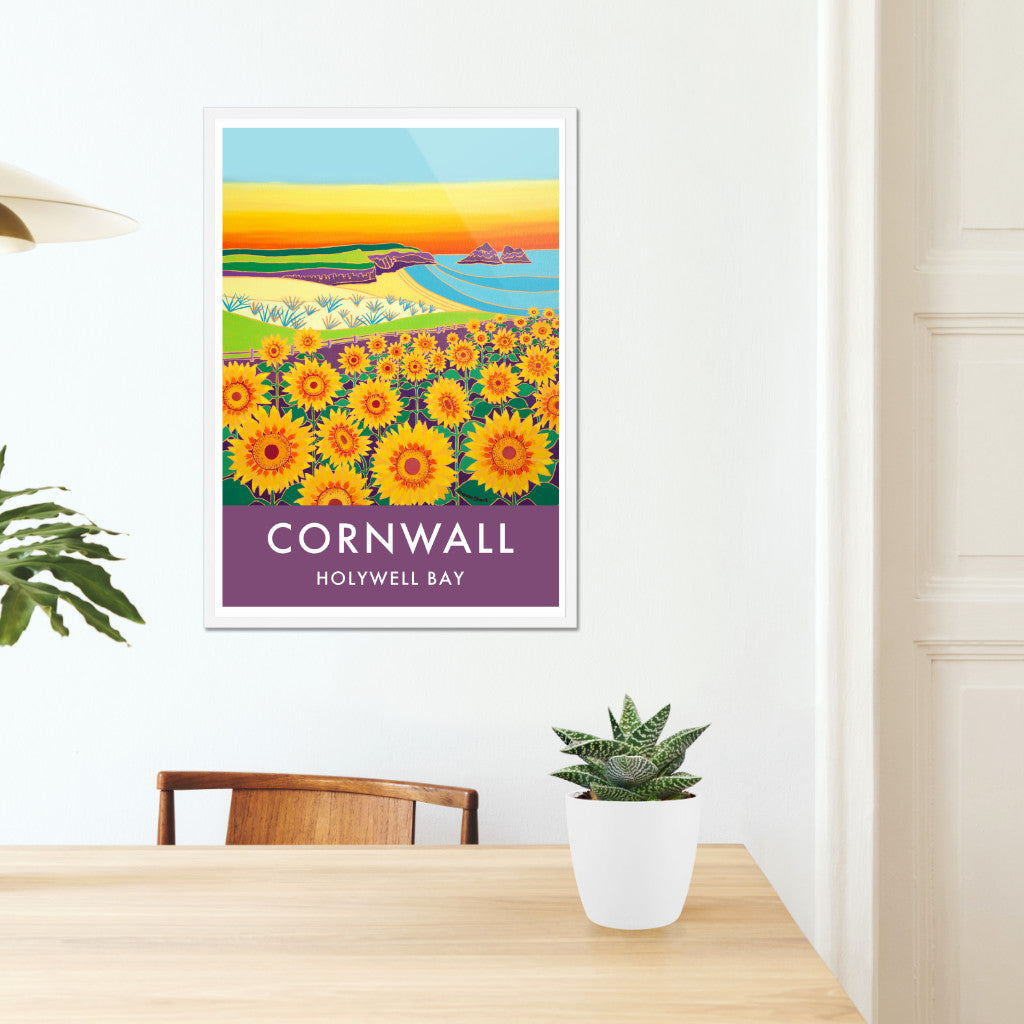 Holywell Bay Beach Sunflowers Sunset. Art Prints of Cornwall by Cornish Artist Joanne Short. Vintage Style Poster Print Art for Homes from our Cornwall Art Gallery