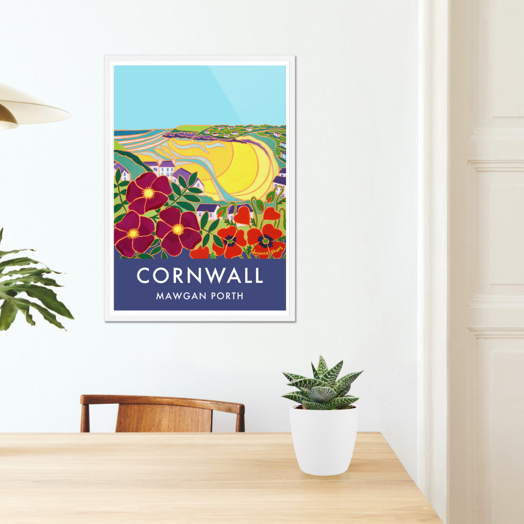 Vintage Style Travel Art Poster Print of Mawgan Porth, Cornwall by Cornish Artist Joanne Short