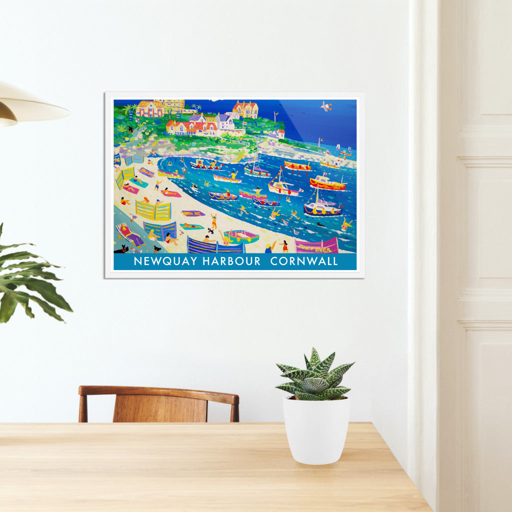 Cornish Art Print of Newquay Harbour in Cornwall by Cornish Artist John Dyer. Cornwall Art Gallery, Vintage Style Posters