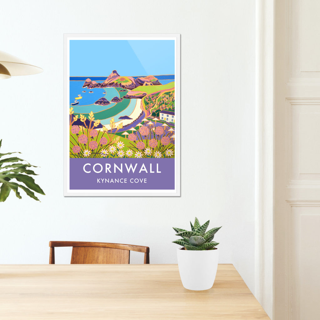 Kynance Cove, on the Lizard peninsular in the far south of Cornwall, is beautifully captured by Cornish artist Joanne short in her painting of the beach that is reproduced on this colourful seaside wall art contemporary poster print. Sea pinks fill the foreground and our view takes us across the beach and captures the whole of Kynance Cove with the clear blue and aqua sea colours. A stunning piece of Cornish art archivally reproduced on this art poster print for you to enjoy on your walls. 