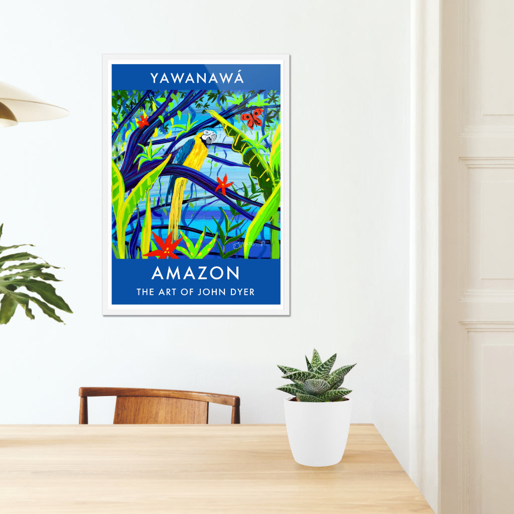 Vintage Style Wall Art Jungle Poster Art Print by John Dyer. Amazon Rainforest Blue and Yellow Macaw Parrot