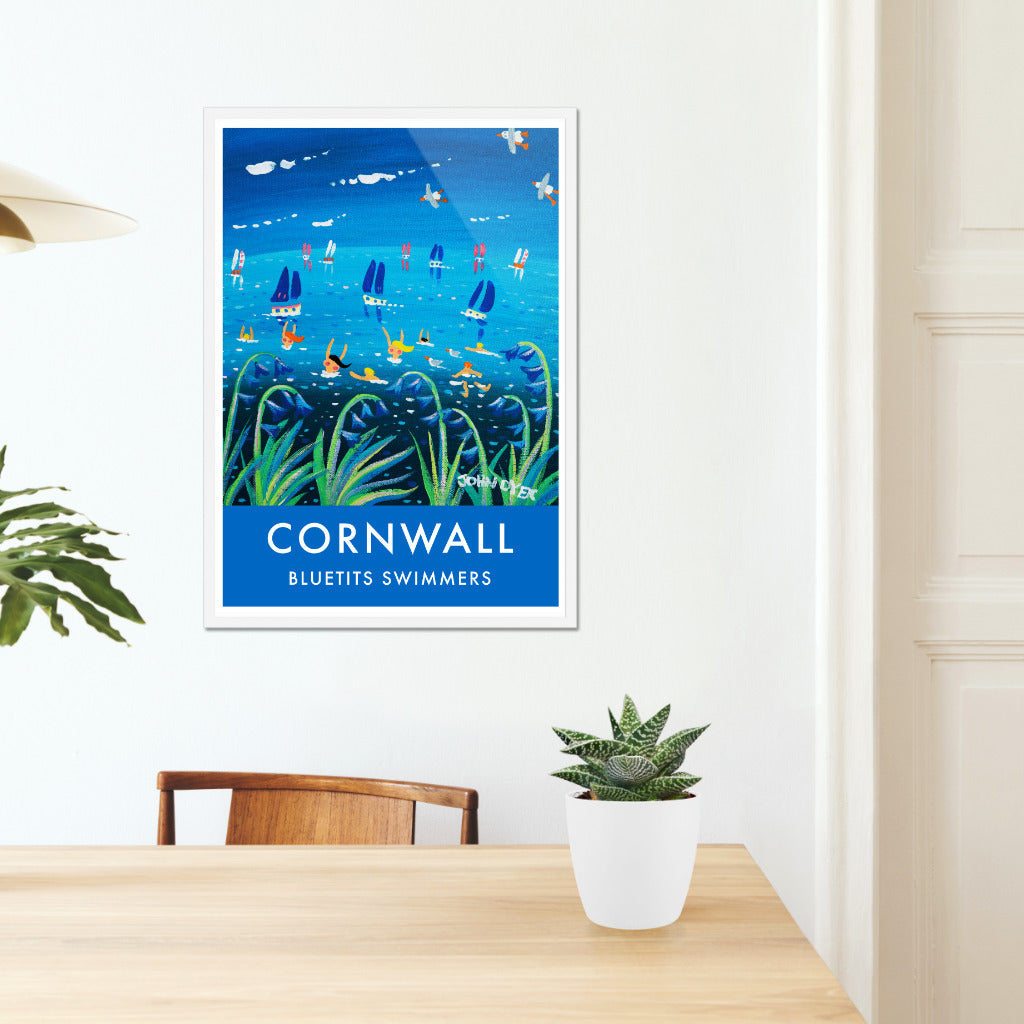Vintage Style Seaside Travel Poster Beach Art Print by Cornish Artist John Dyer. Bluetits Swimmers, Cornwall