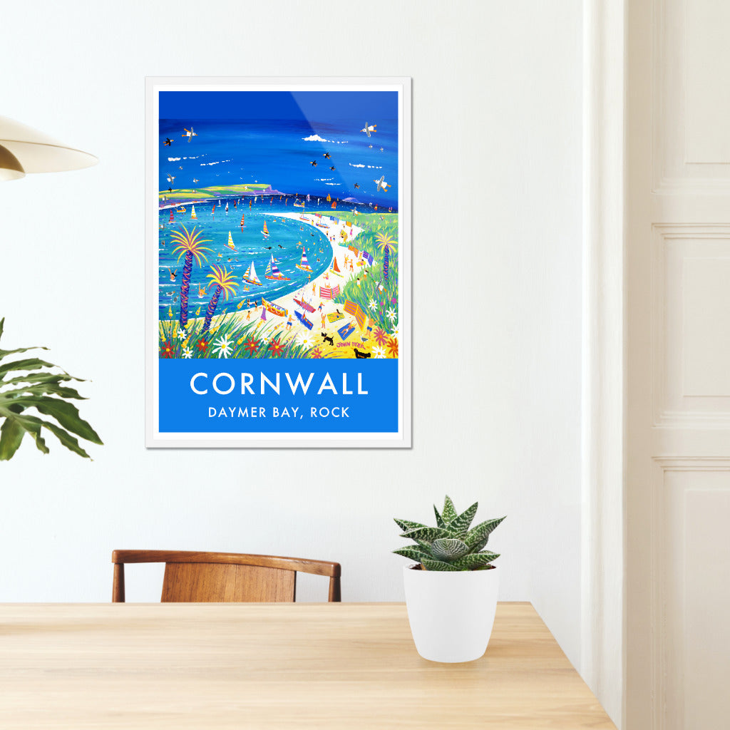 Daymer Bay Beach, Rock, Art Print by Cornish Artist John Dyer. Cornwall Art Gallery, Vintage Style Poster Prints of Cornwall.