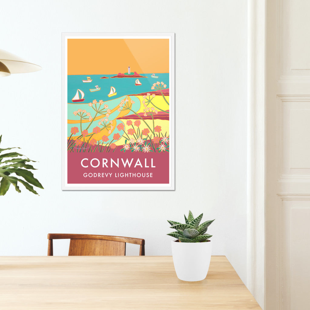 Godrevy Lighthouse, Gwithian. Art Prints of Cornwall by Cornish Artist Joanne Short. Cornwall Art Gallery, Vintage Style Posters.