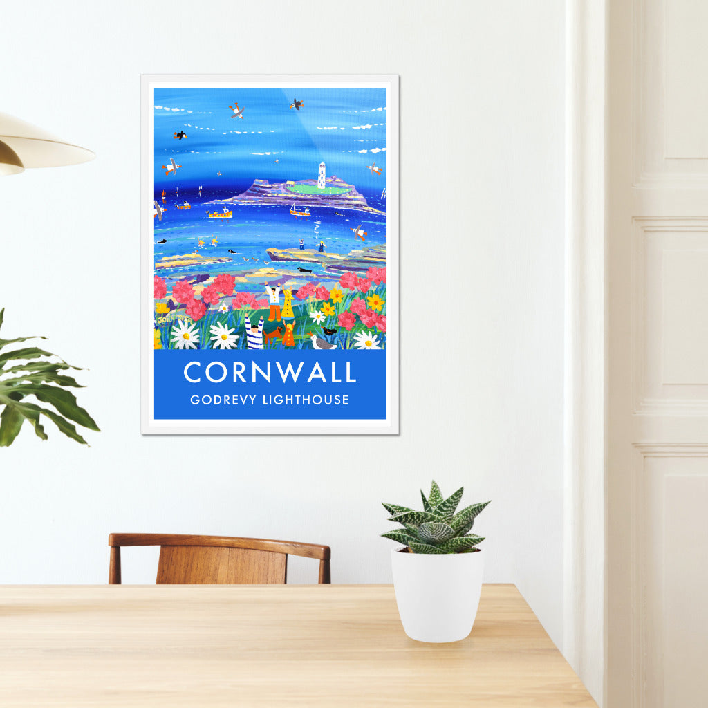 Vintage Style Seaside Travel Poster by John Dyer of Godrevy Lighthouse in Cornwall