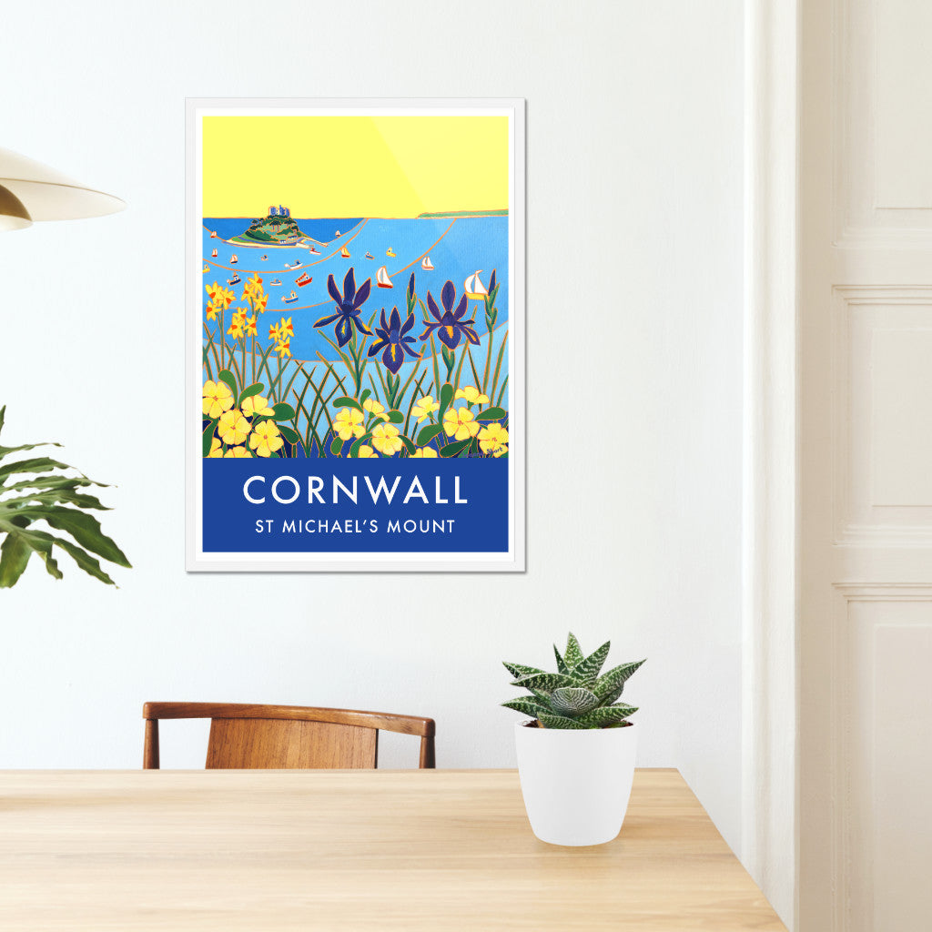 Vintage Style Seaside Travel Art Poster Print by Joanne Short of St Michael&#39;s Mount in Cornwall