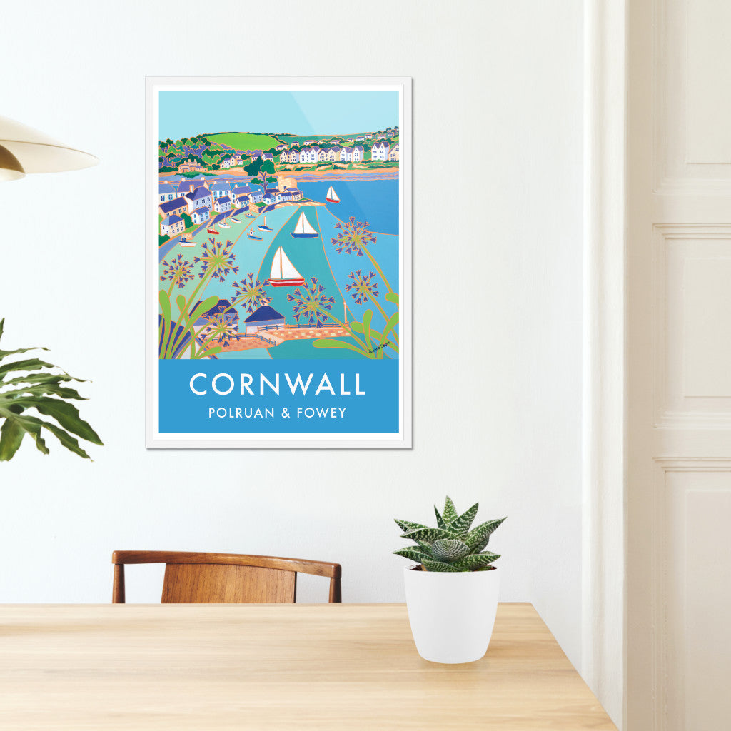 Polruan &amp; Fowey Art Prints of Cornwall by Cornish Artist Joanne Short. Vintage Style Poster Print Art for Homes. Cornwall Art Gallery