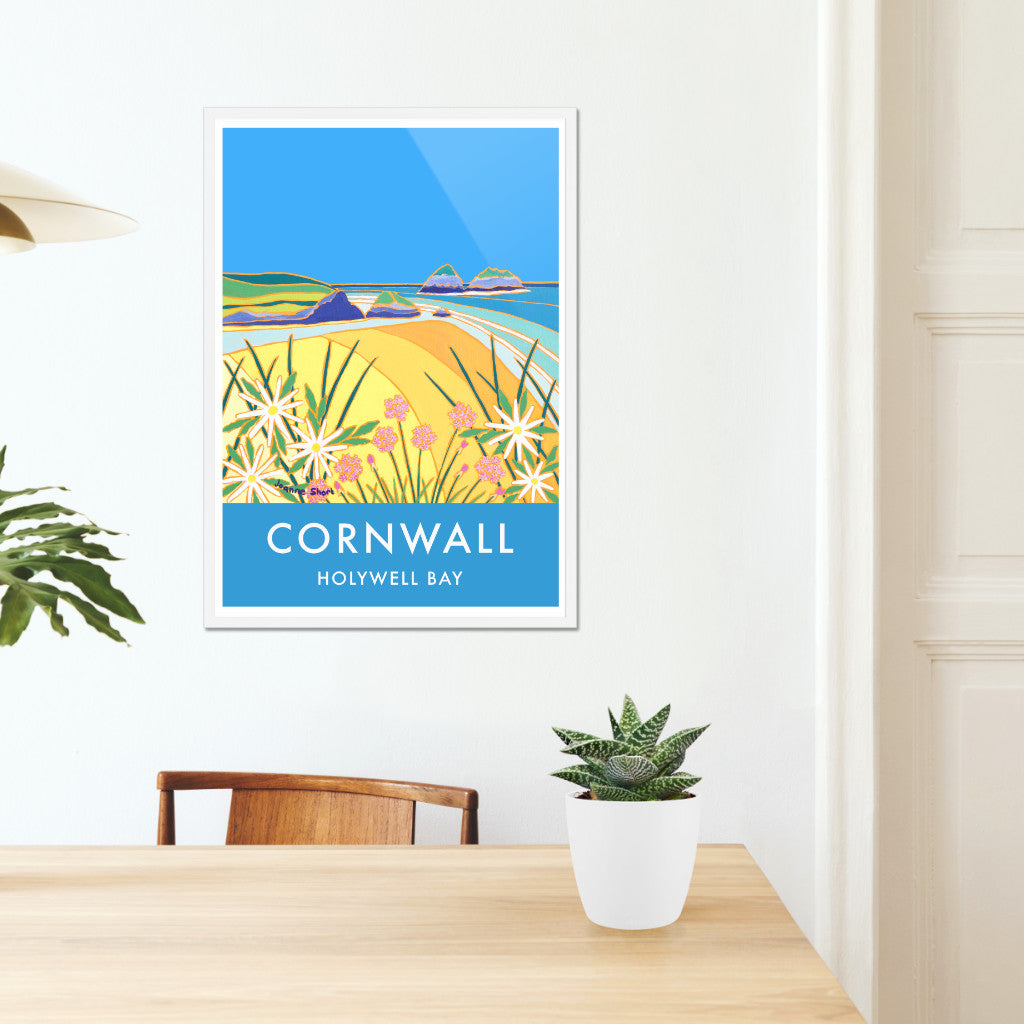 Holywell Bay Beach Art Prints of Cornwall by Cornish Artist Joanne Short. Vintage Style Poster Print Art for Homes. Cornwall Art Gallery