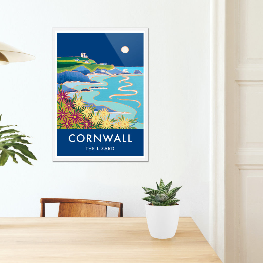 Lizard Point and Lighthouse Art Prints of Cornwall by Cornish Artist Joanne Short. Vintage Style Poster Print Art for Homes. Cornwall Art Gallery