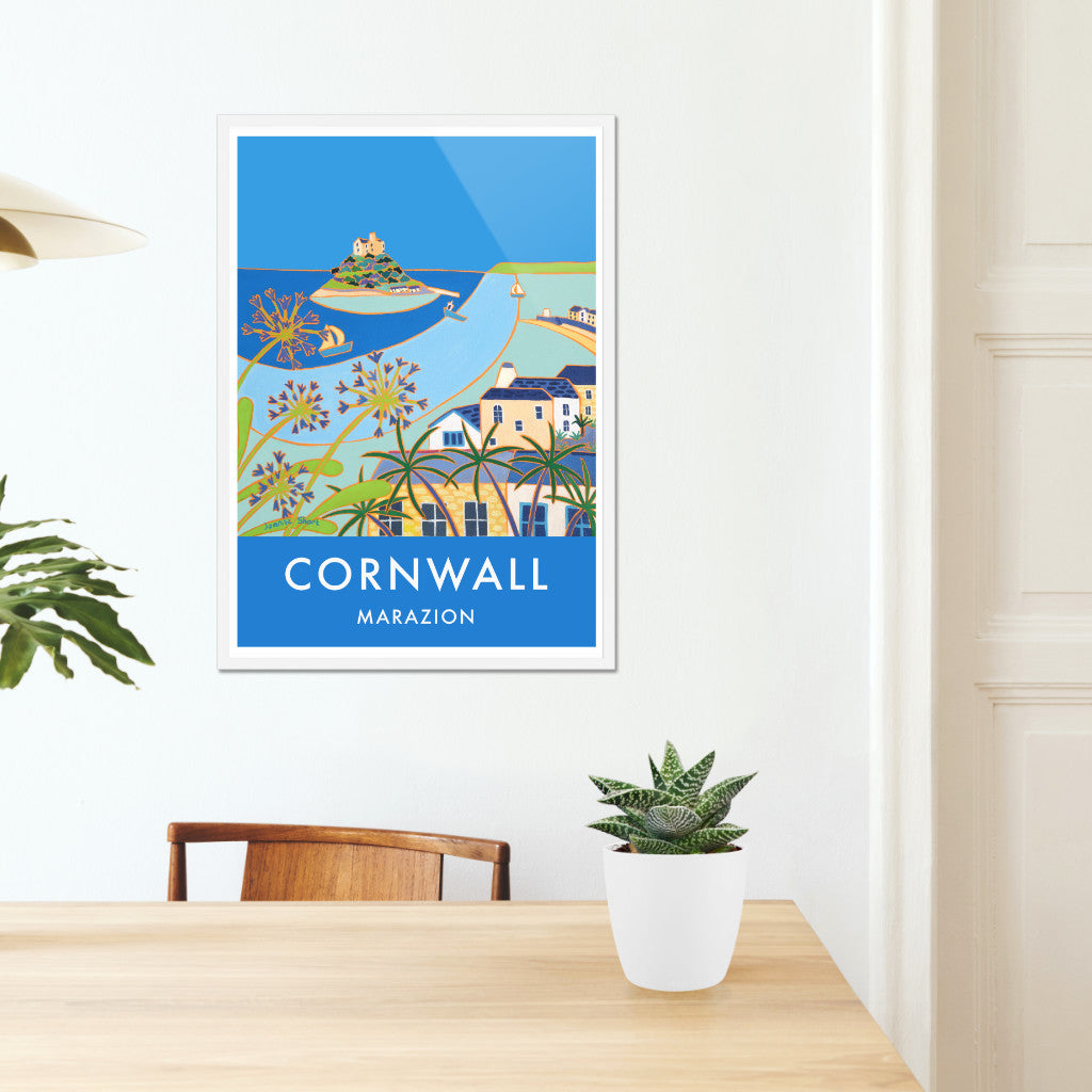 Marazion and St Michael&#39;s Mount. Art Prints of Cornwall by Cornish Artist Joanne Short. Cornwall Art Gallery, Vintage Style Posters.