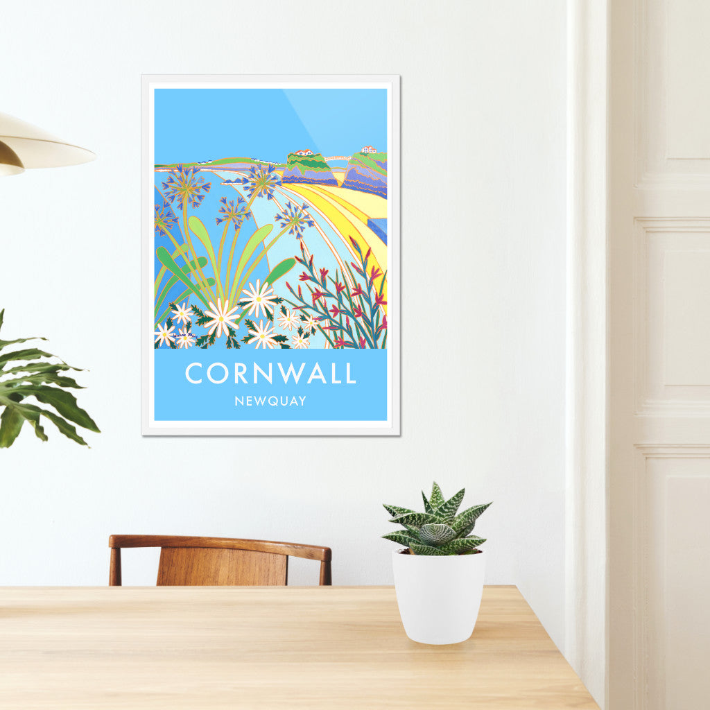 Vintage Style Seaside Travel Poster by Cornish Artist Joanne Short of Towan Beach, Newquay in Cornwall