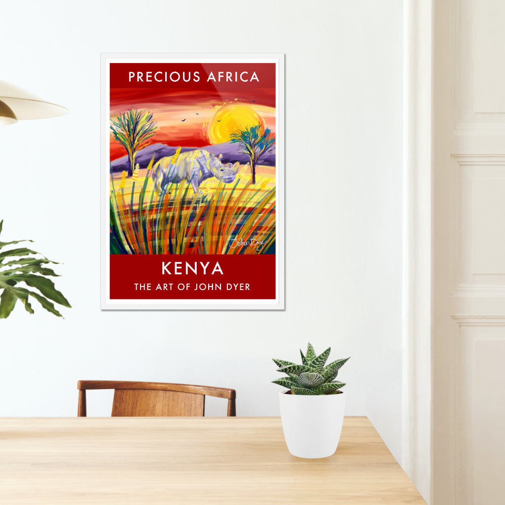 African Art Wall Art Poster Print by John Dyer. Northern White Rhino Sunset in Kenya