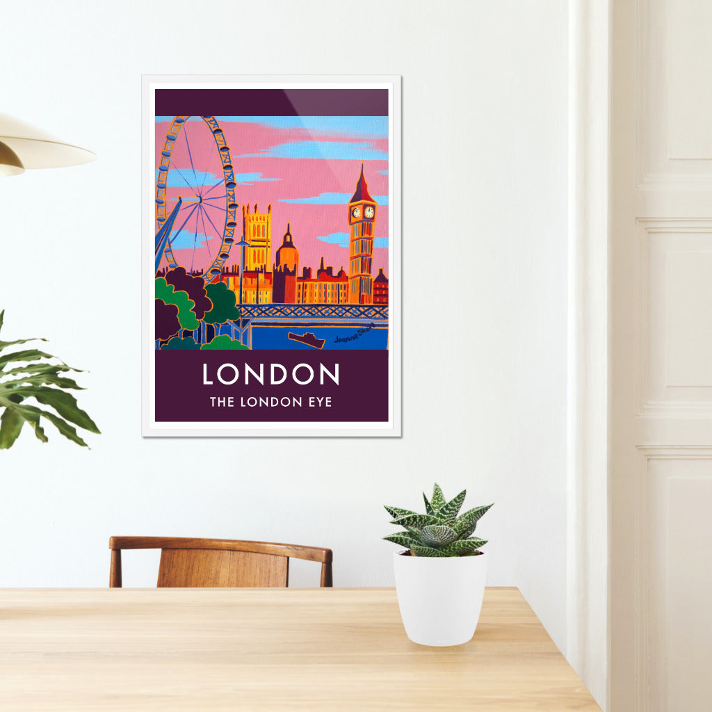 Vintage Style Travel Art Poster Print by Joanne Short of The London Eye at Sunset