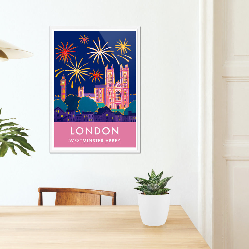 London Print of Westminster Abbey and Big Ben with Fireworks. Vintage Style Poster Design by British Artist Joanne Short