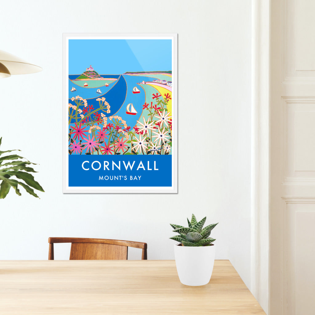 Mount&#39;s Bay &amp; St Michael&#39;s Mount Art Prints of Cornwall by Cornish Artist Joanne Short. Vintage Style Poster Print Art for Homes. Cornwall Art Gallery
