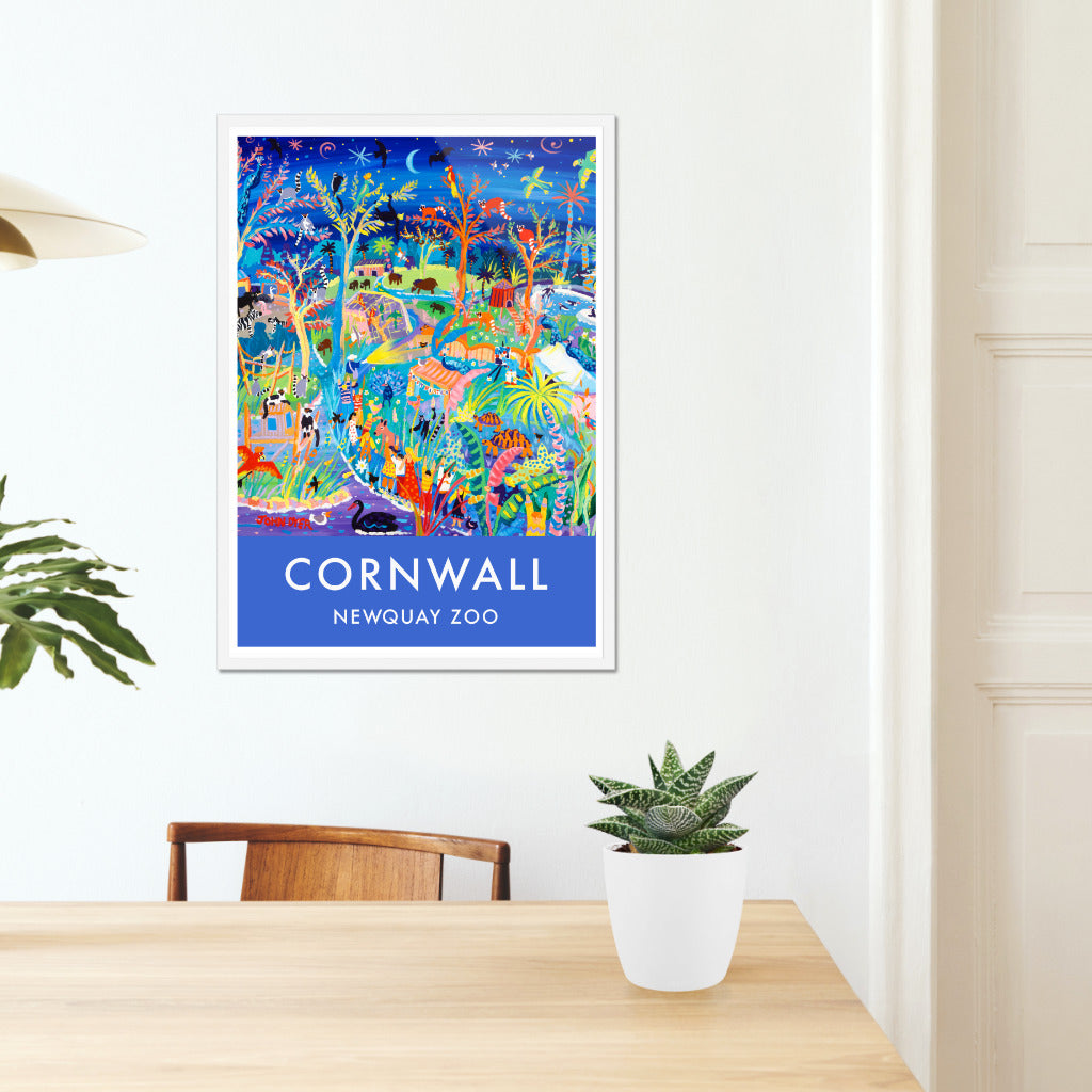 The amazing John Dyer painting that is featured on this wall art poster print of the zoo waking up at dawn provides a map like image of the beautiful animals &amp; birds that can be found there. Red pandas, lemurs, zebras, parrots, tortoises, peacocks, tapirs, penguins &amp; bats feature in this contemporary vision.