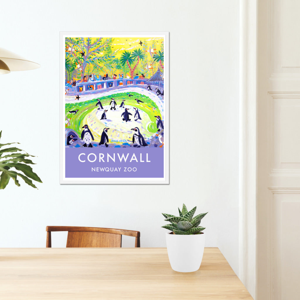 Vintage Style Travel Poster Art Print by Cornish Artist John Dyer of Newquay Zoo Penguins in Cornwall