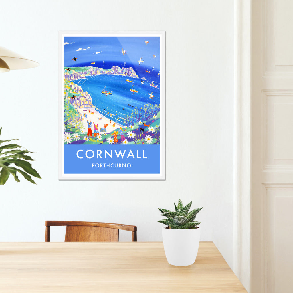Vintage Style Seaside Travel Poster by John Dyer of Porthcurno Beach, Cornwall