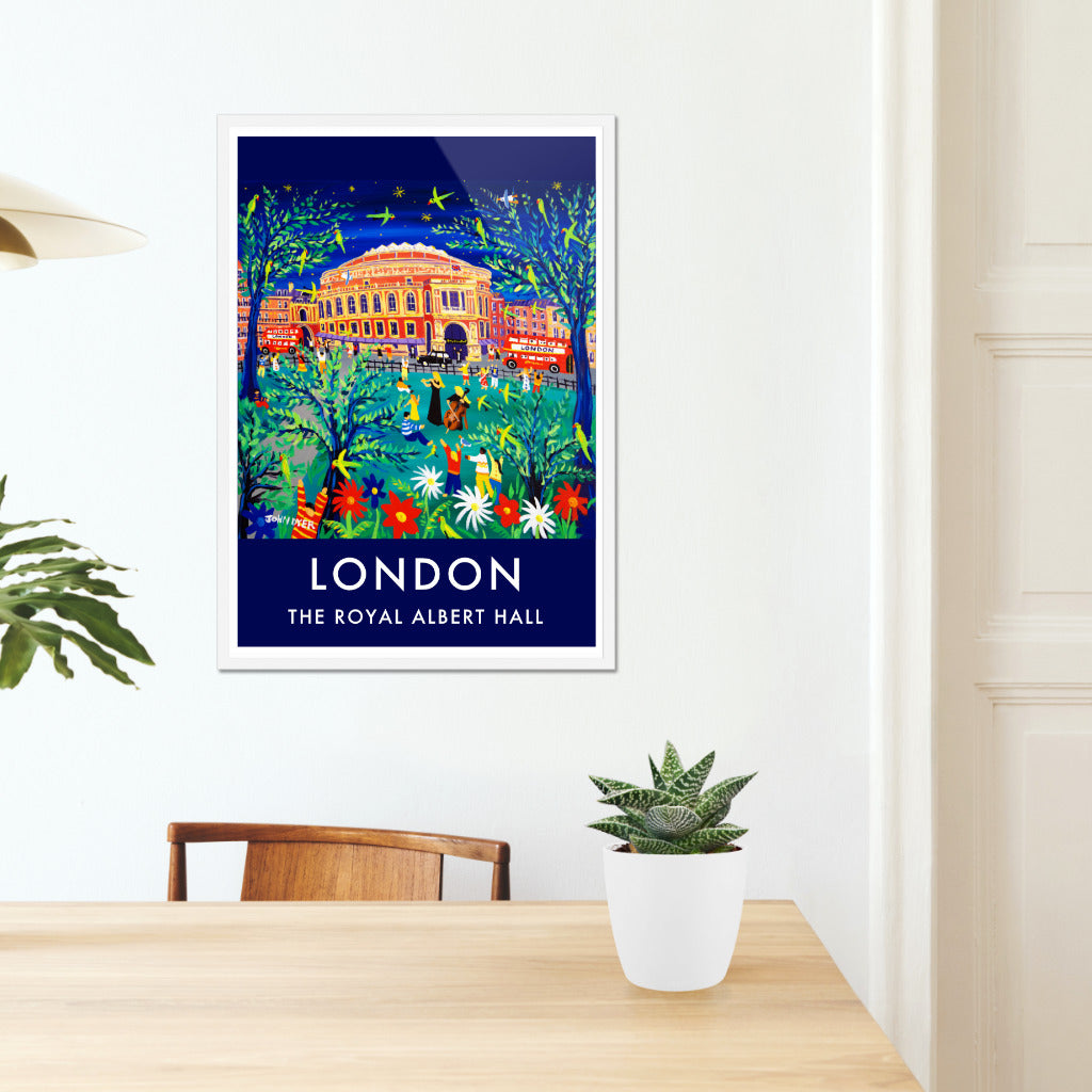 Wall Art Garden Travel Poster Print of The Royal Albert Hall, Hyde Park, London. Cello &amp; Flute Musicians. By John Dyer
