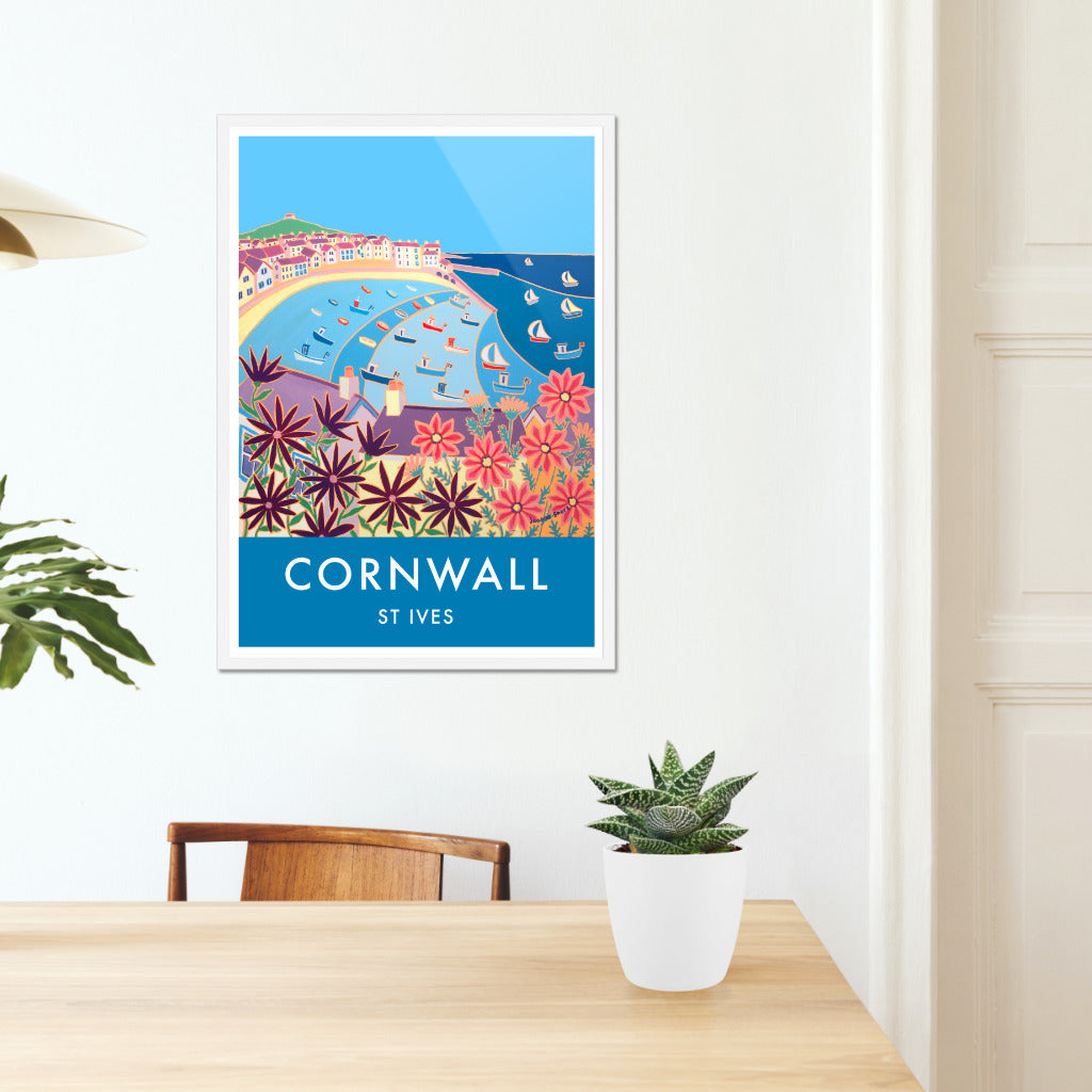 Vintage Style Seaside Travel Poster by Joanne Short of St Ives Harbour in Cornwall