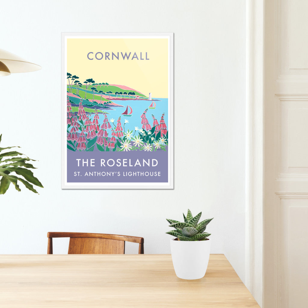 Vintage Style Seaside Travel Poster Art Print by Cornish Artist Joanne Short of St Anthony Lighthouse, Roseland in Cornwall