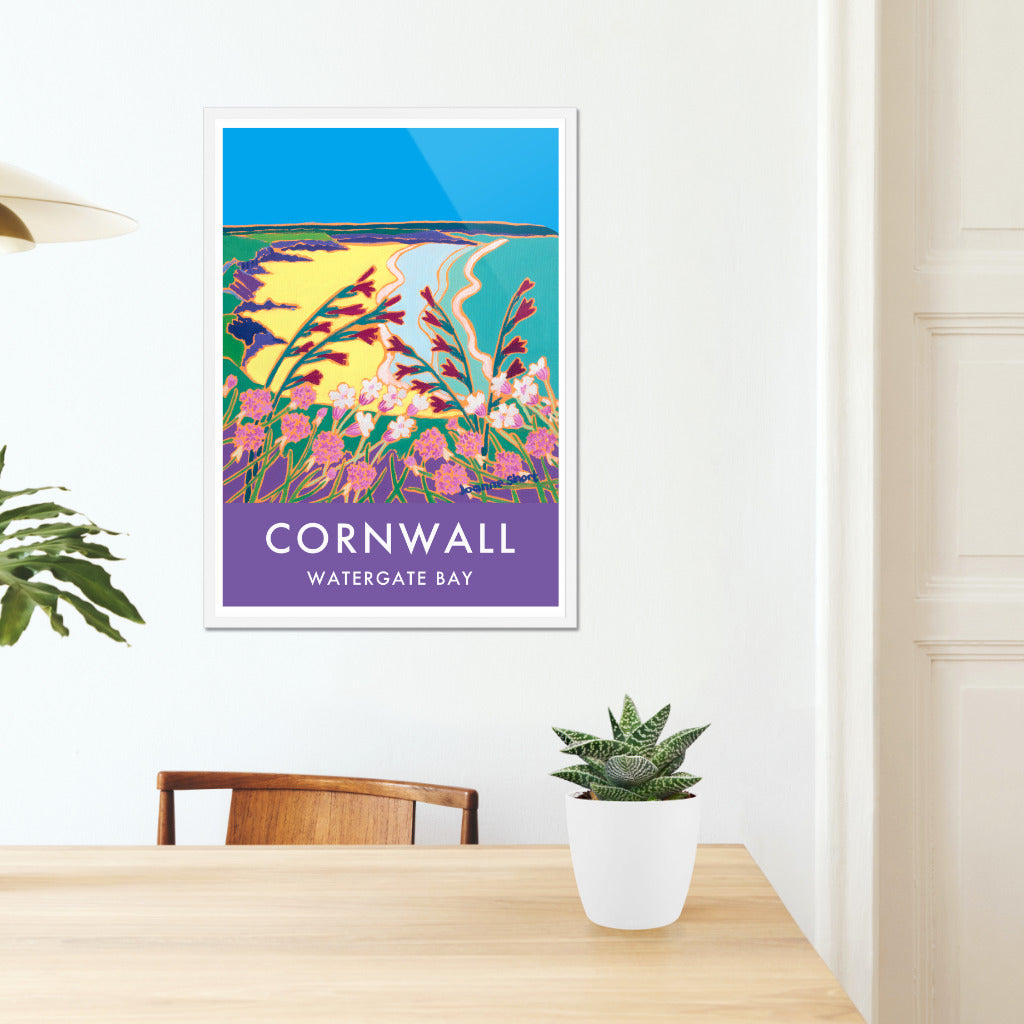 Watergate Bay Art Prints of Cornwall by Cornish Artist Joanne Short. Vintage Style Poster Print Art for Homes. Cornwall Art Gallery