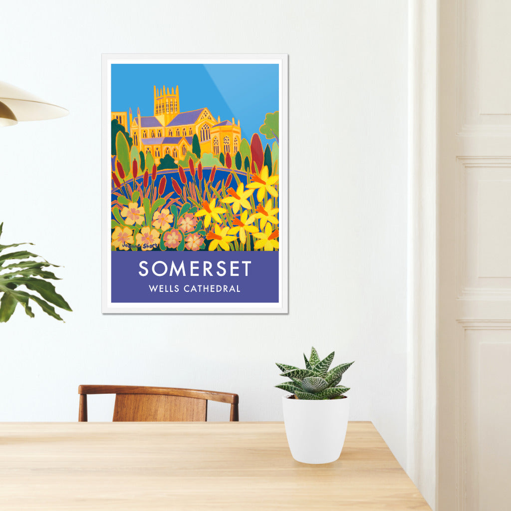 Vintage Style Travel Poster by Joanne Short of Wells Cathedral in Somerset. Bishop&#39;s Palace Garden