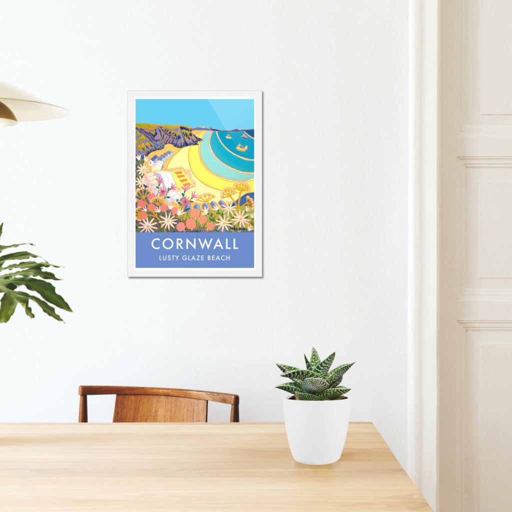 Lusty Glaze Beach, Newquay, Art Print by Cornish Artist Joanne Short. Cornwall Art Gallery, Vintage Style Poster Prints of Cornwall.