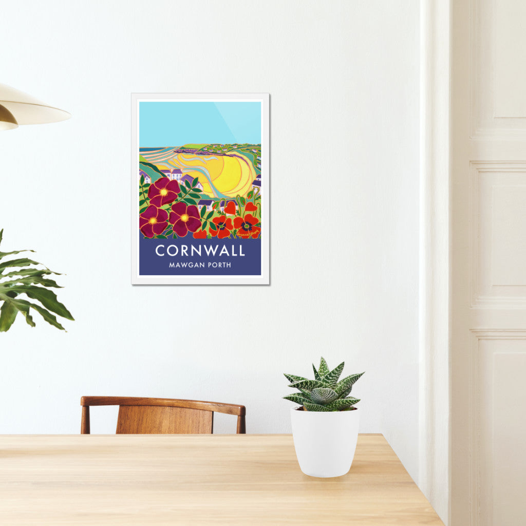 Vintage Style Travel Art Poster Print of Mawgan Porth, Cornwall by Cornish Artist Joanne Short