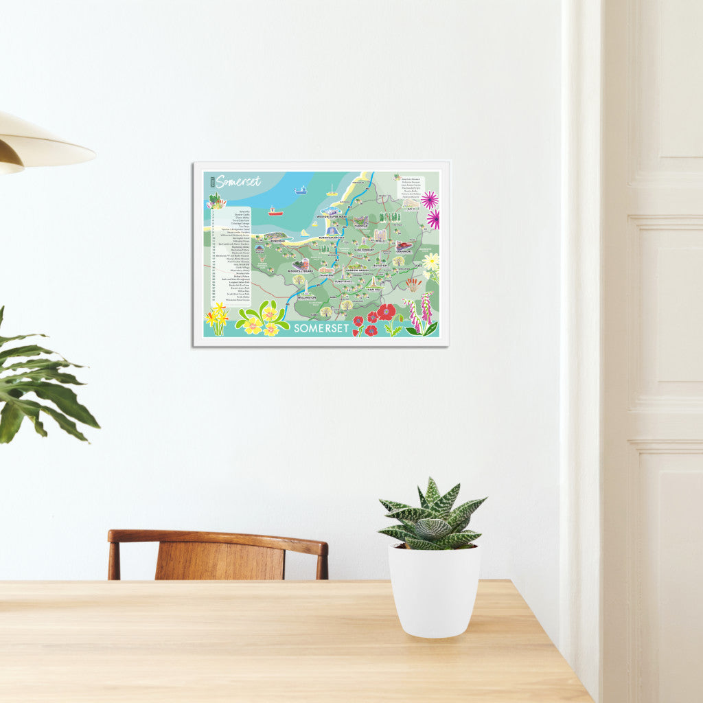 Vintage Style Travel Art Poster Print by Joanne Short. Illustrated Art Map of Somerset