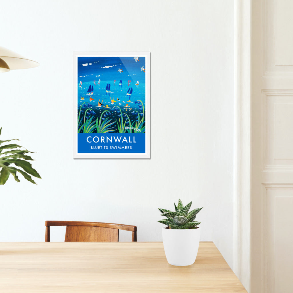 Vintage Style Seaside Travel Poster Beach Art Print by Cornish Artist John Dyer. Bluetits Swimmers, Cornwall
