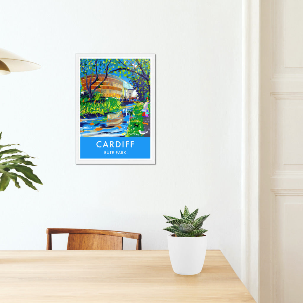 Vintage Style Travel Art Poster Print by John Dyer. Cardiff, Bute Park Garden in Wales. RWCMD