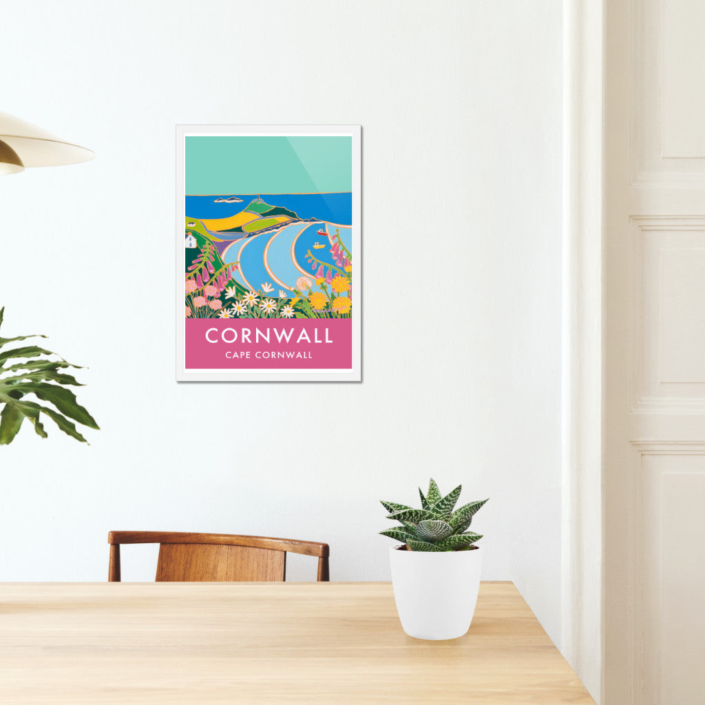 Cape Cornwall Art Prints of Cornwall by Cornish Artist Joanne Short. Vintage Style Poster Print Art for Homes. Cornwall Art Gallery