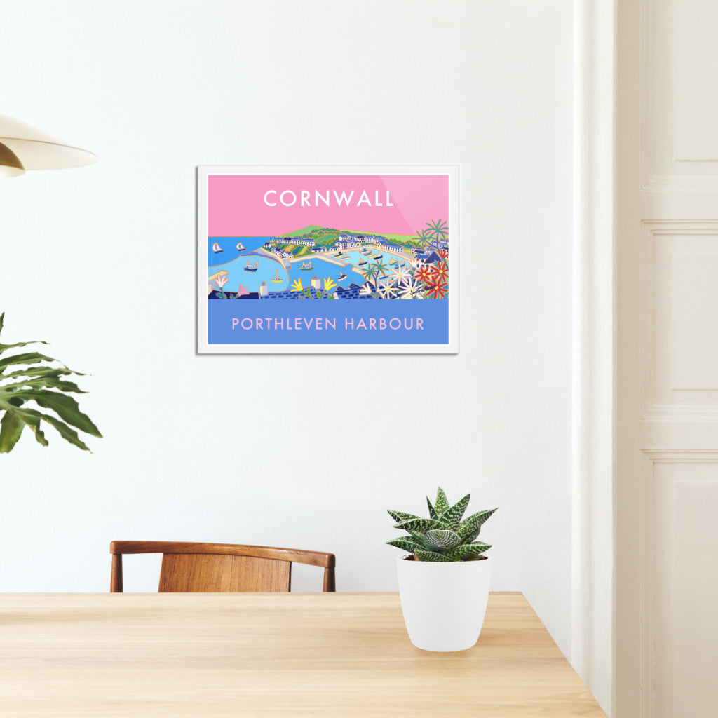 Porthleven Harbour Art Prints of Cornwall by Cornish Artist Joanne Short. Vintage Style Poster Print Art for Homes. Cornwall Art Gallery