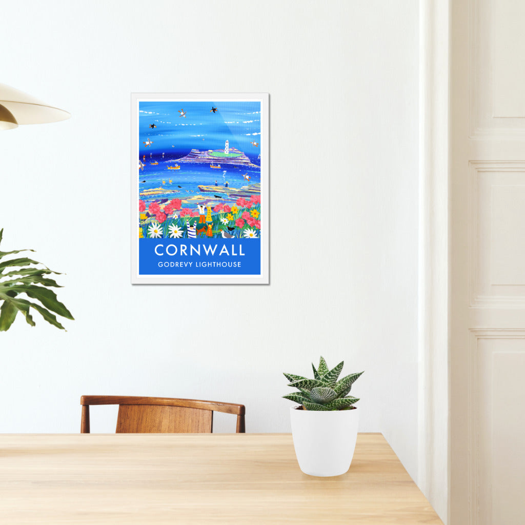 Vintage Style Seaside Travel Poster by John Dyer of Godrevy Lighthouse in Cornwall