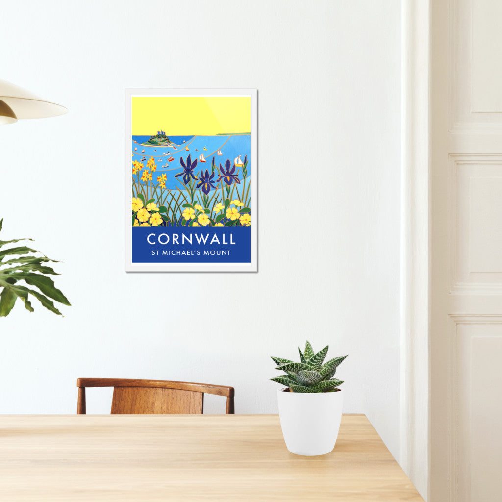 Vintage Style Seaside Travel Art Poster Print by Joanne Short of St Michael&#39;s Mount in Cornwall