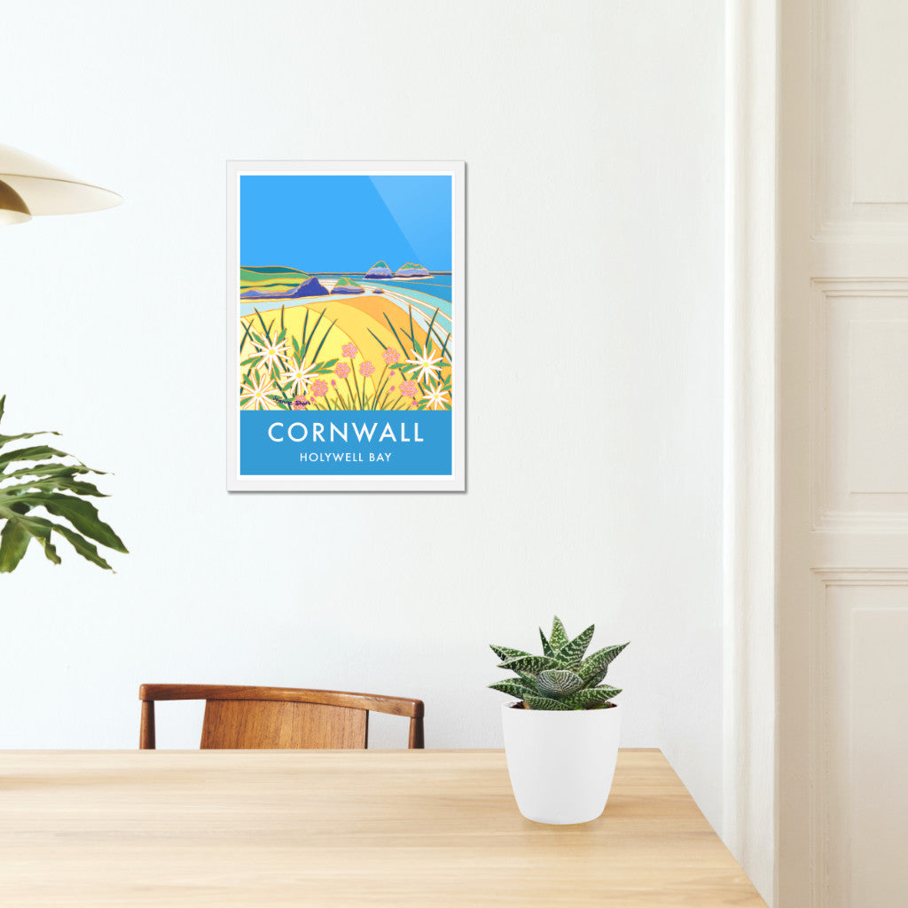 Holywell Bay Beach Art Prints of Cornwall by Cornish Artist Joanne Short. Vintage Style Poster Print Art for Homes. Cornwall Art Gallery
