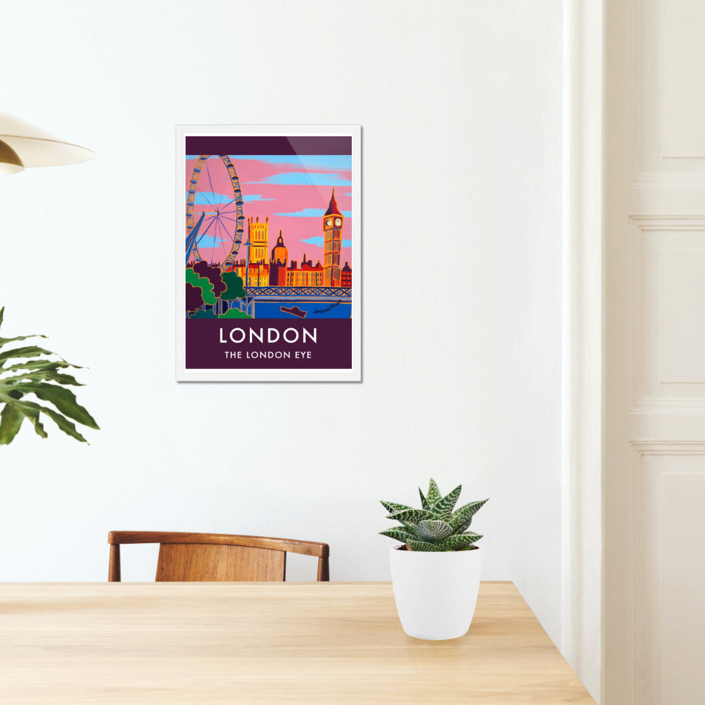 Vintage Style Travel Art Poster Print by Joanne Short of The London Eye at Sunset