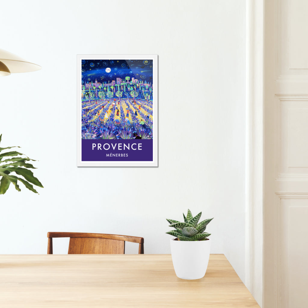 Lavender fields, Menerbes, Provence, France. Vintage Style Travel Poster Art Print by John Dyer.