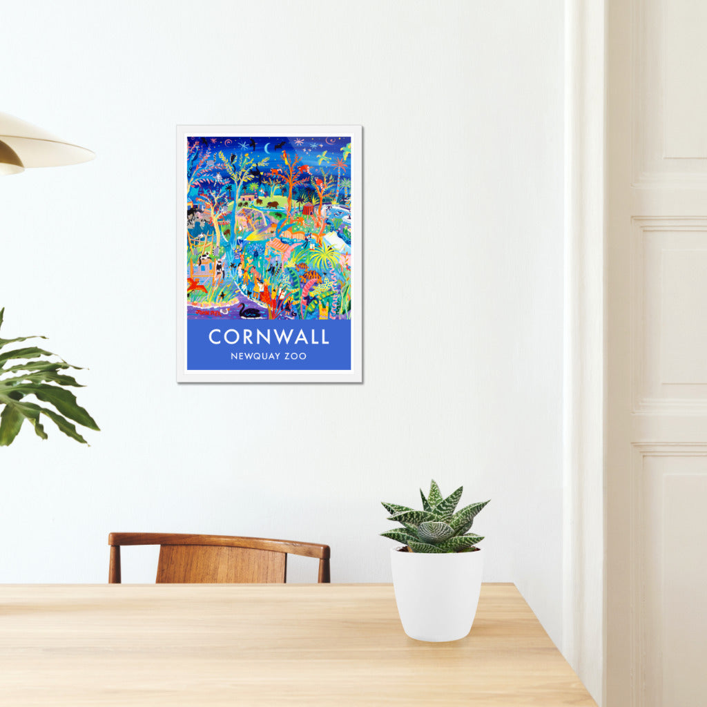 Vintage Style Seaside Travel Poster Art Print by Cornish Artist John Dyer of Newquay Zoo in Cornwall with Zoo Animals