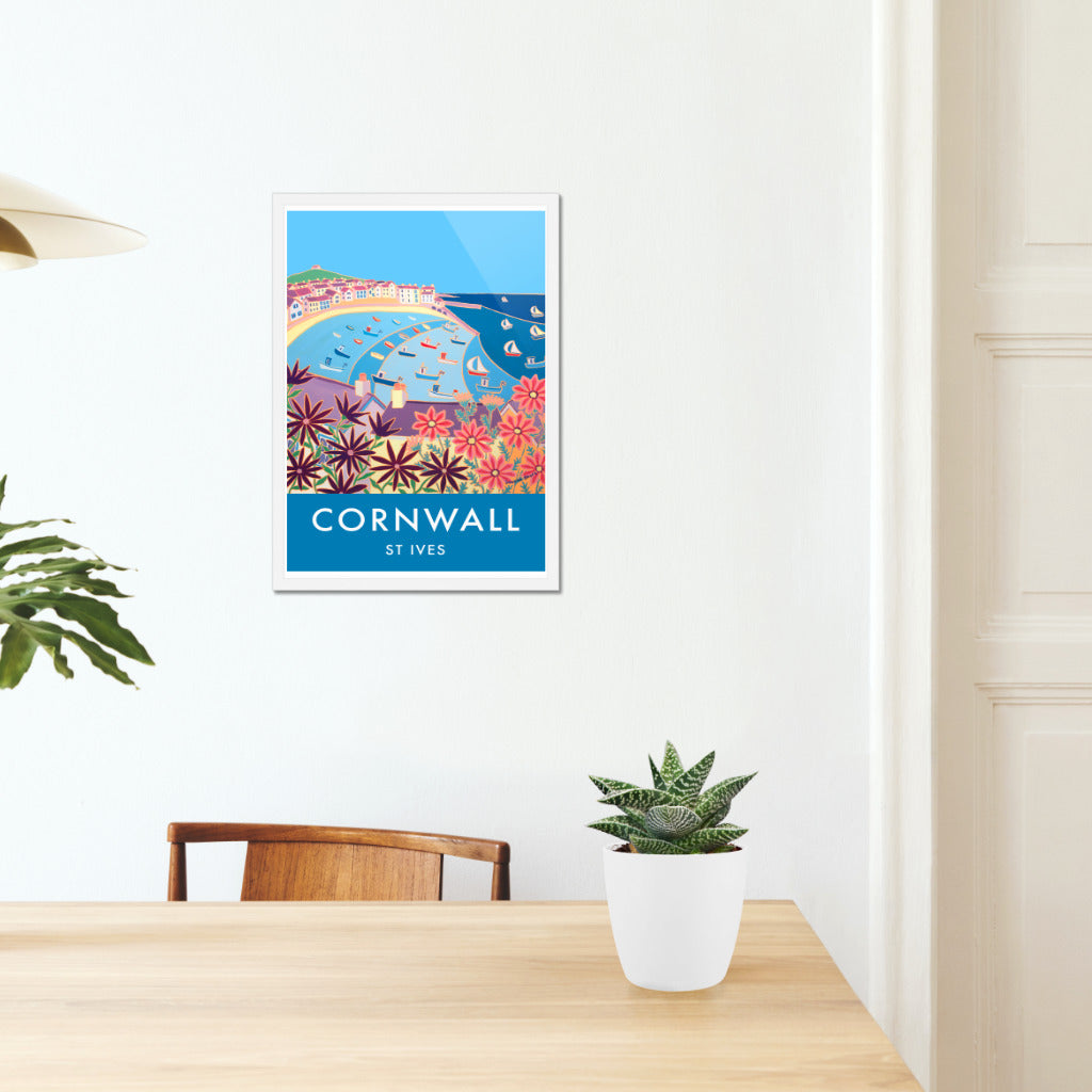 Vintage Style Seaside Travel Poster Print by Joanne Short of St Ives Harbour Beach in Cornwall