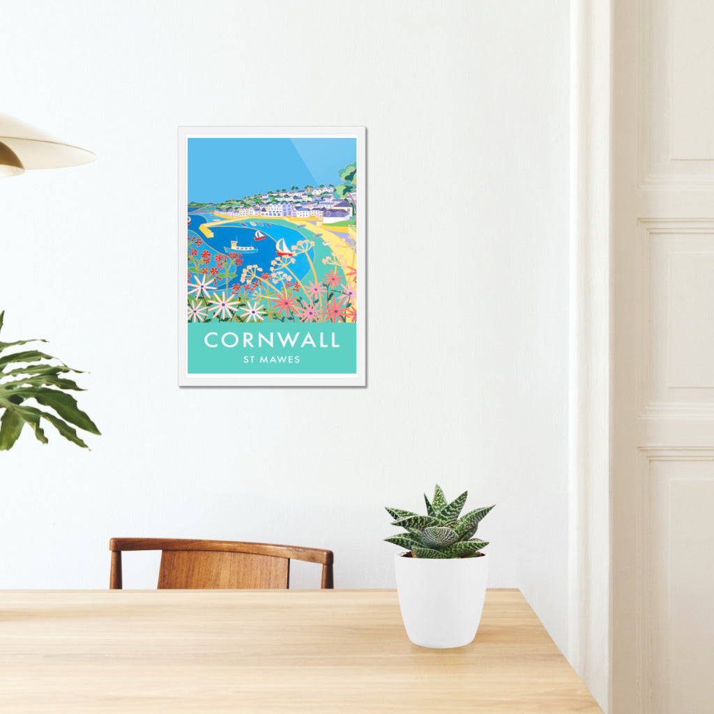 St Mawes Harbour Art Prints of Cornwall by Cornish Artist Joanne Short. Vintage Style Poster Print Art for Homes. Cornwall Art Gallery