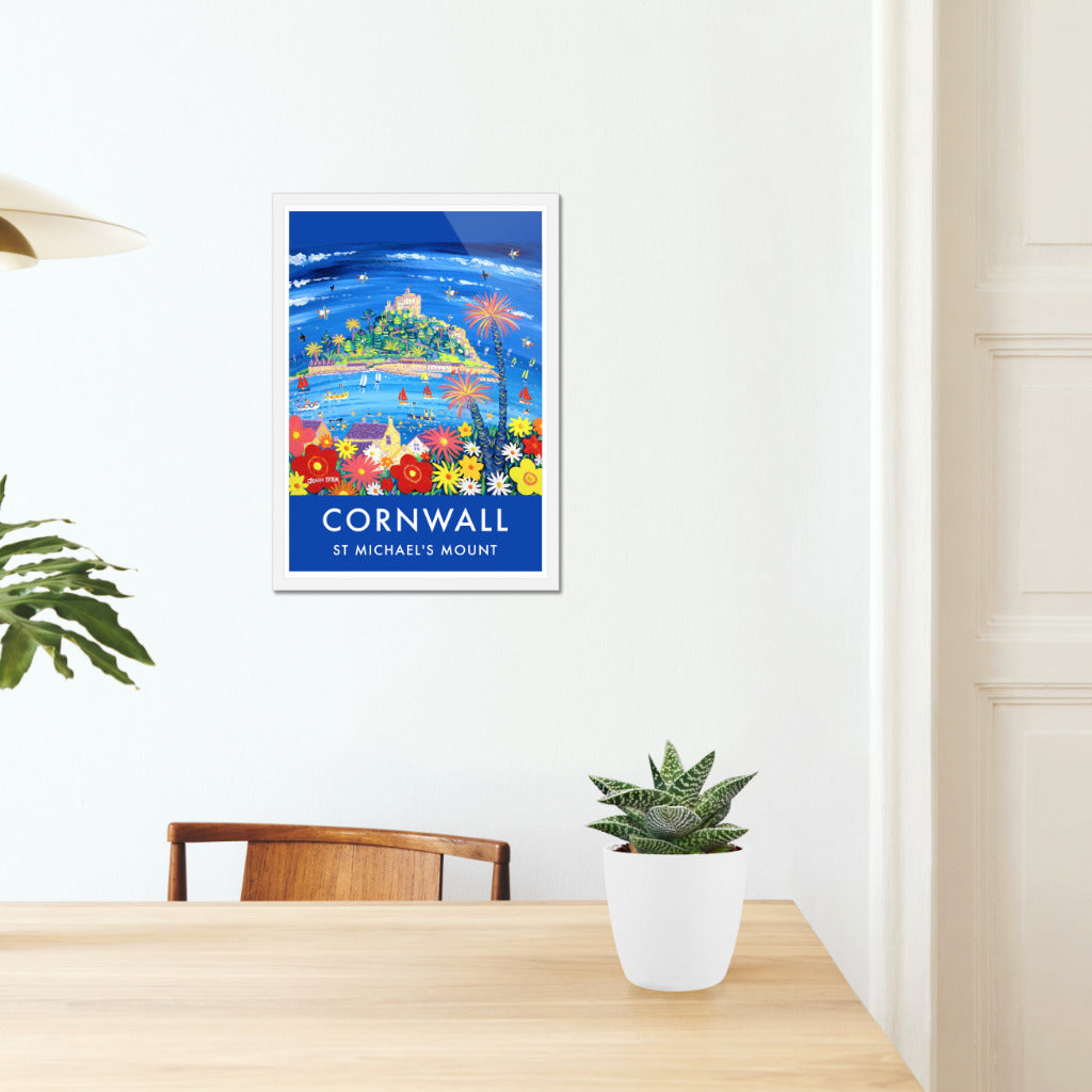 Vintage Style Seaside Travel Poster by John Dyer. Summer Flowers, St Michael&#39;s Mount Cornwall