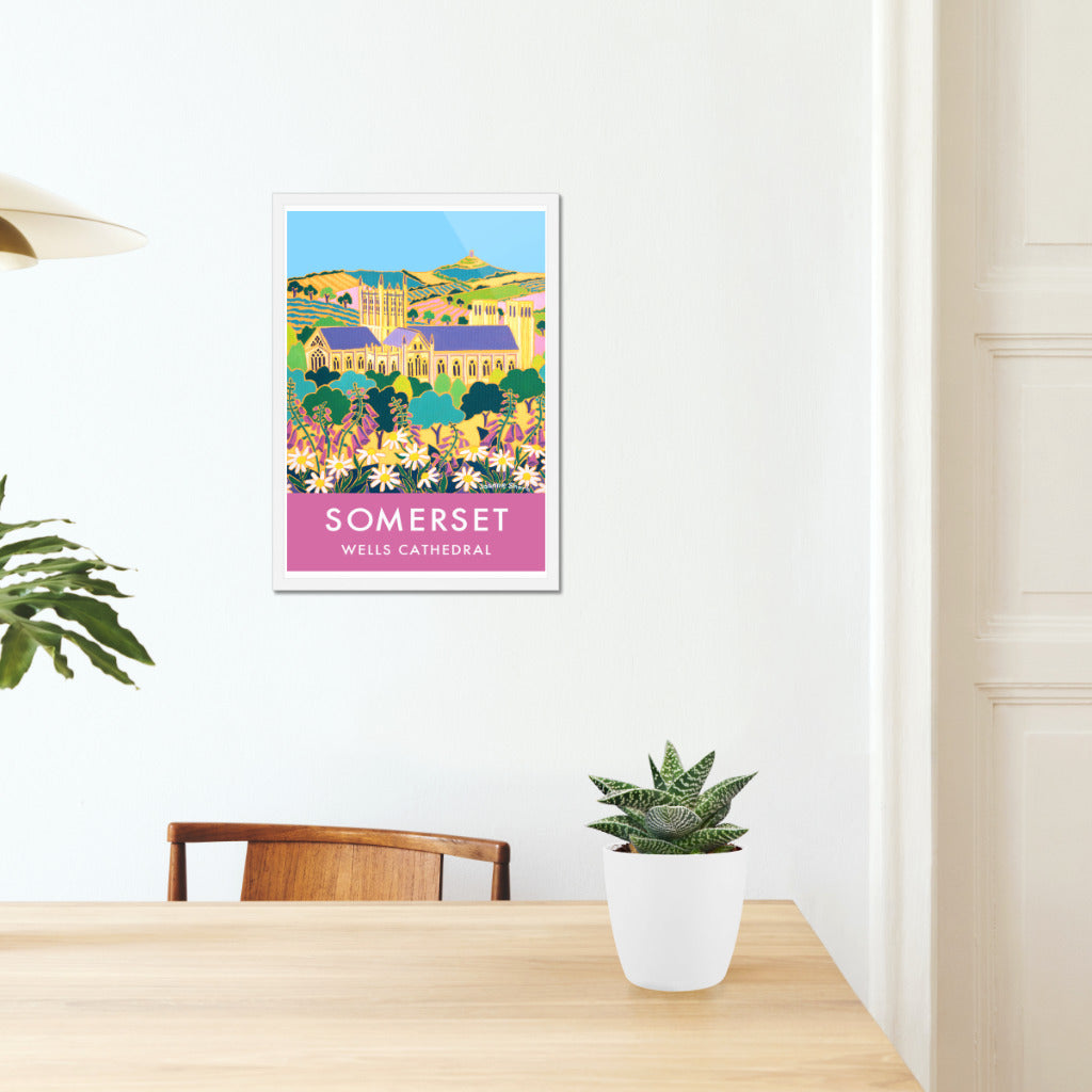 Vintage Style Travel Garden Art Poster Print by Joanne Short of Wells Cathedral, Somerset