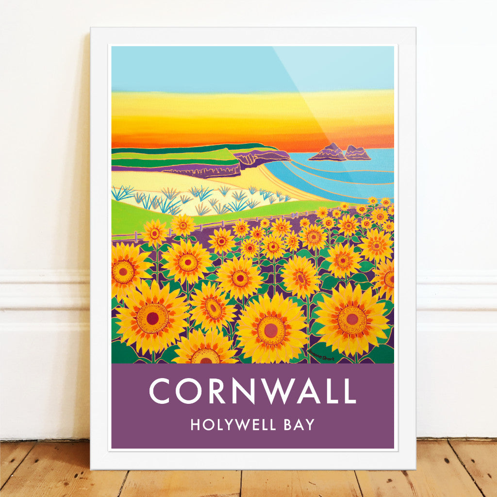 Holywell Bay Sunflowers Sunset. Art Prints of Cornwall by Cornish Artist Joanne Short. Vintage Style Poster Print Art for Homes from our Cornwall Art Gallery