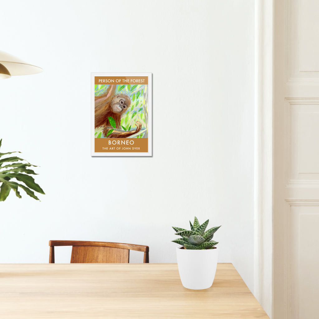 Vintage Style Travel Poster Art Print by Artist John Dyer. Baby Orangutan, Borneo Rainforest
